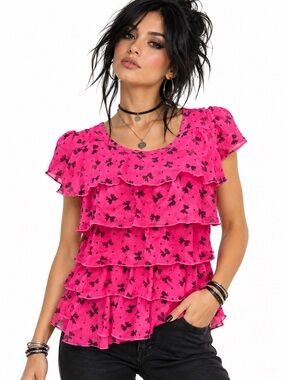 Hot Pink Tiered Ruffle Bow Print  Blouse 7-8